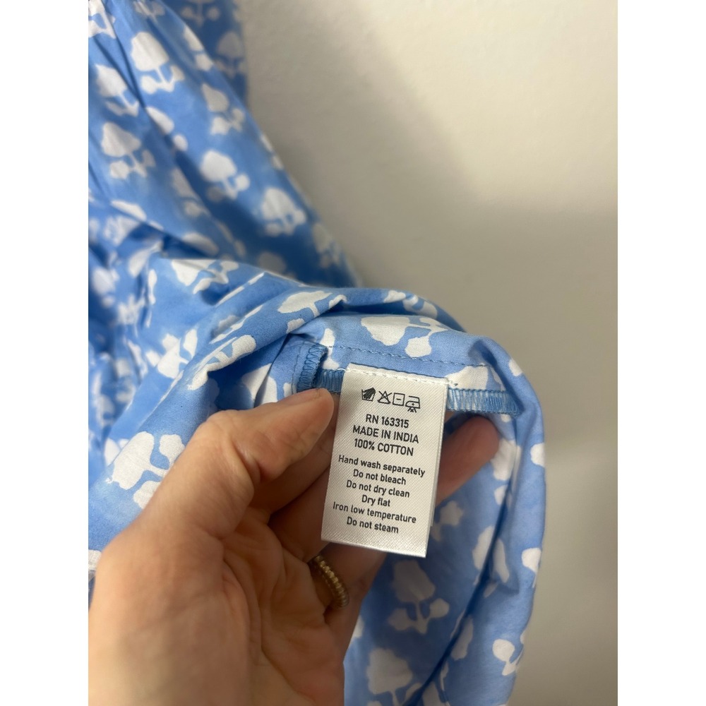 RNWK Floral Block Print Tiered Cotton Mini Dress Blue White Medium Preppy - Picture 6 of 8